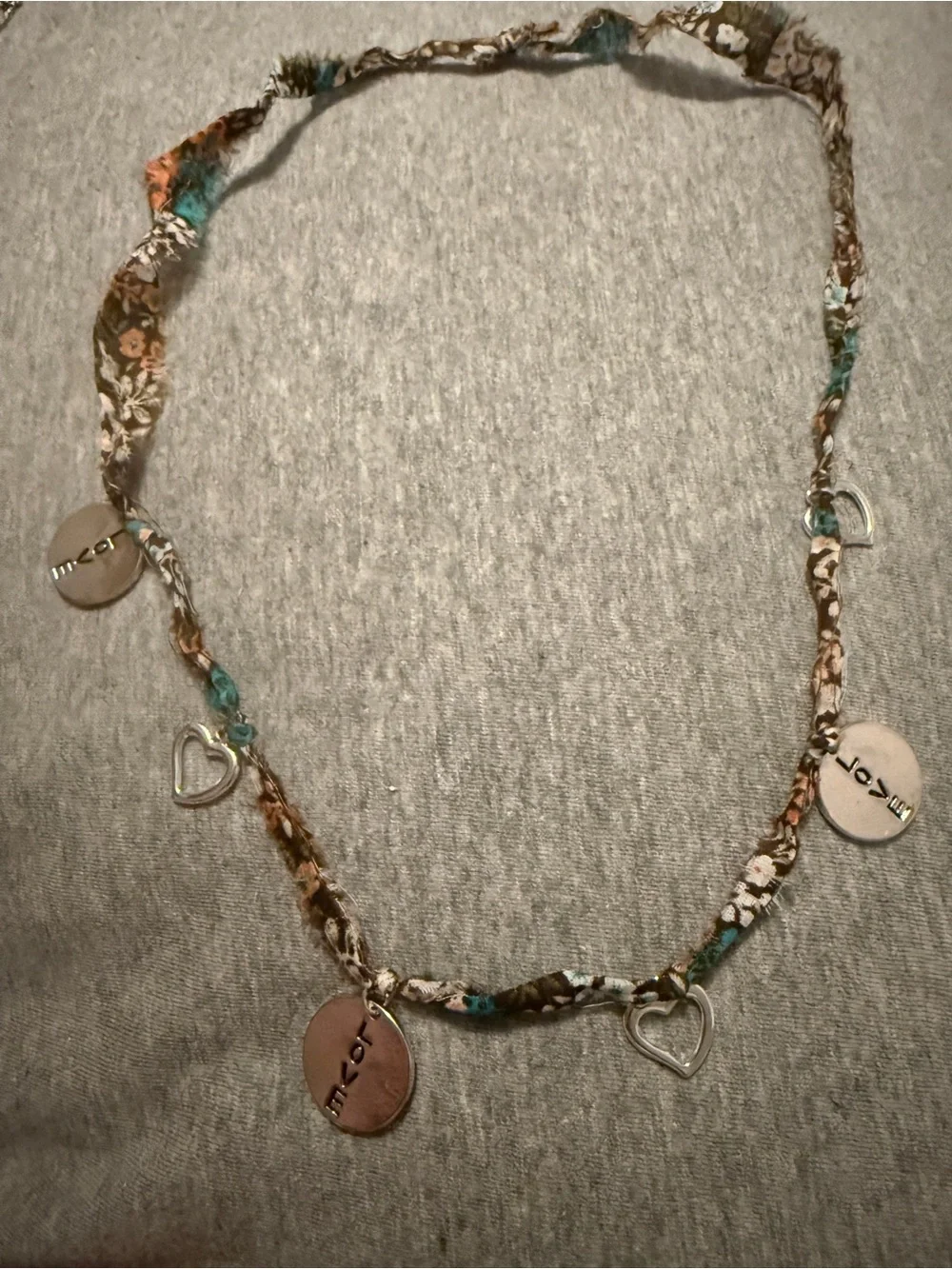 Boho Floral Fabric Necklace with Teal & Brown Accents & Silver Heart Love Charms - Picture 1 of 4